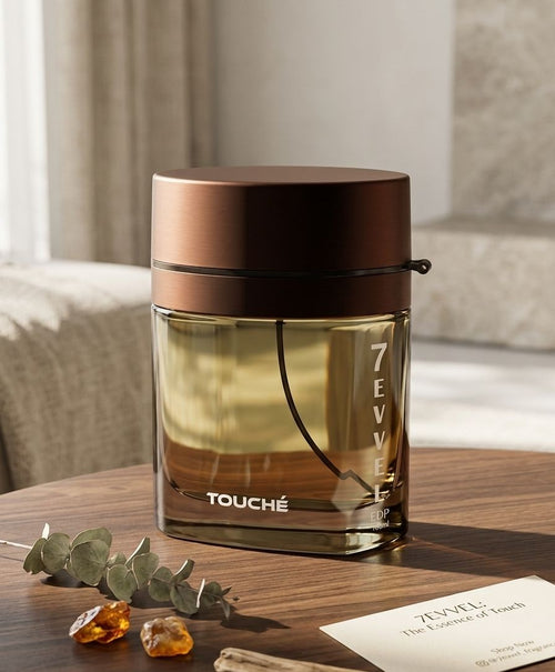 Perfume bottle labeled 7evvel Touche' on a wooden surface with decorative elements.